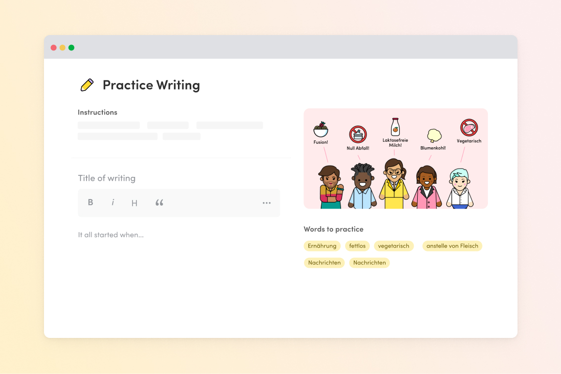 Chatterbug's writing exercises adapt to each learner and reinforce key vocabulary
