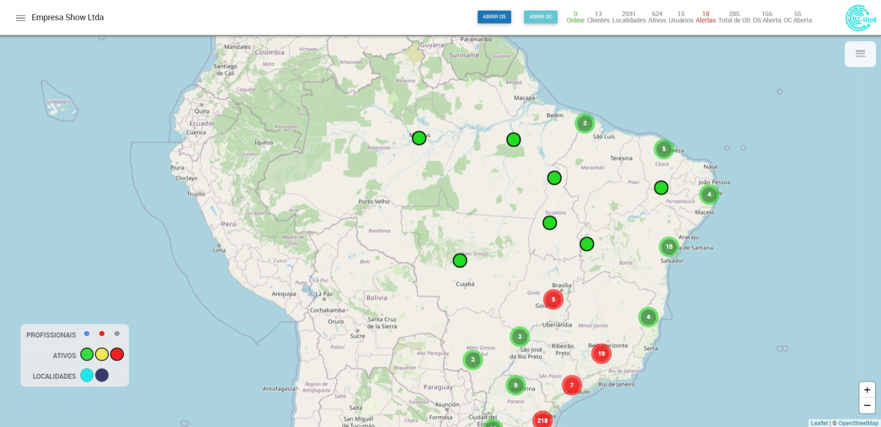 iliot screenshot: Visualização da Localização georreferenciada dos equipamentos gerenciados pela Assistência Técnica. Ao clicar em cada ícone pode-se ir diretamente para os Detalhes de cada ponto. Além de Ativos, pode-se verificar a Localização dos Técnicos.
