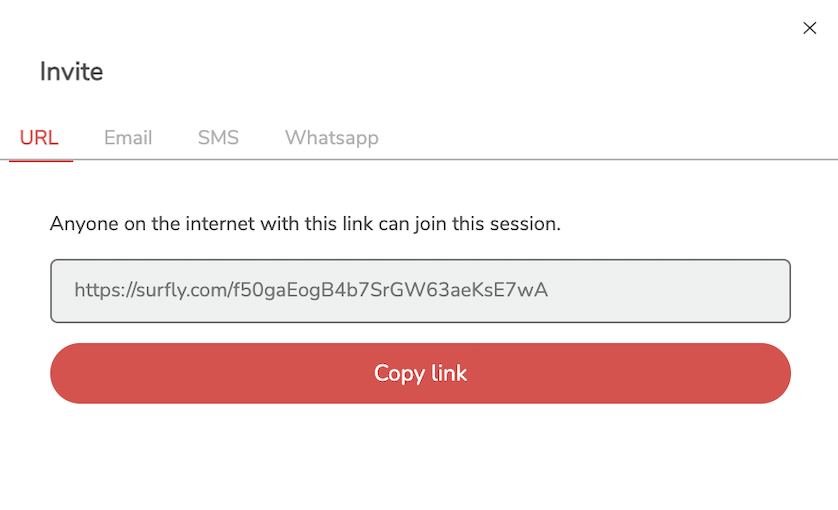 Share a URL directly, or via email, SMS, or Whatsapp, to invite others to your co-browsing session.
