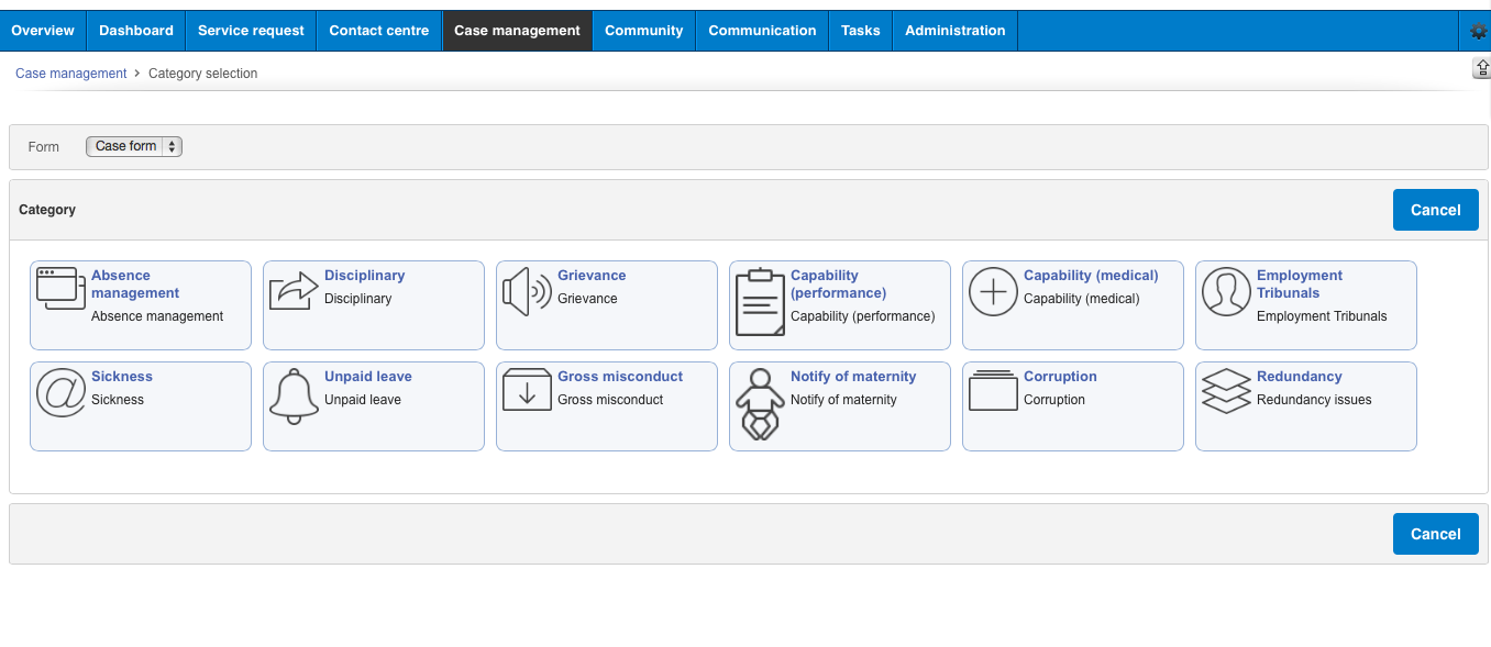 iTouchVision HR Helpdesk screenshot: Employees can choose from different (configurable) categories to submit a report or a request