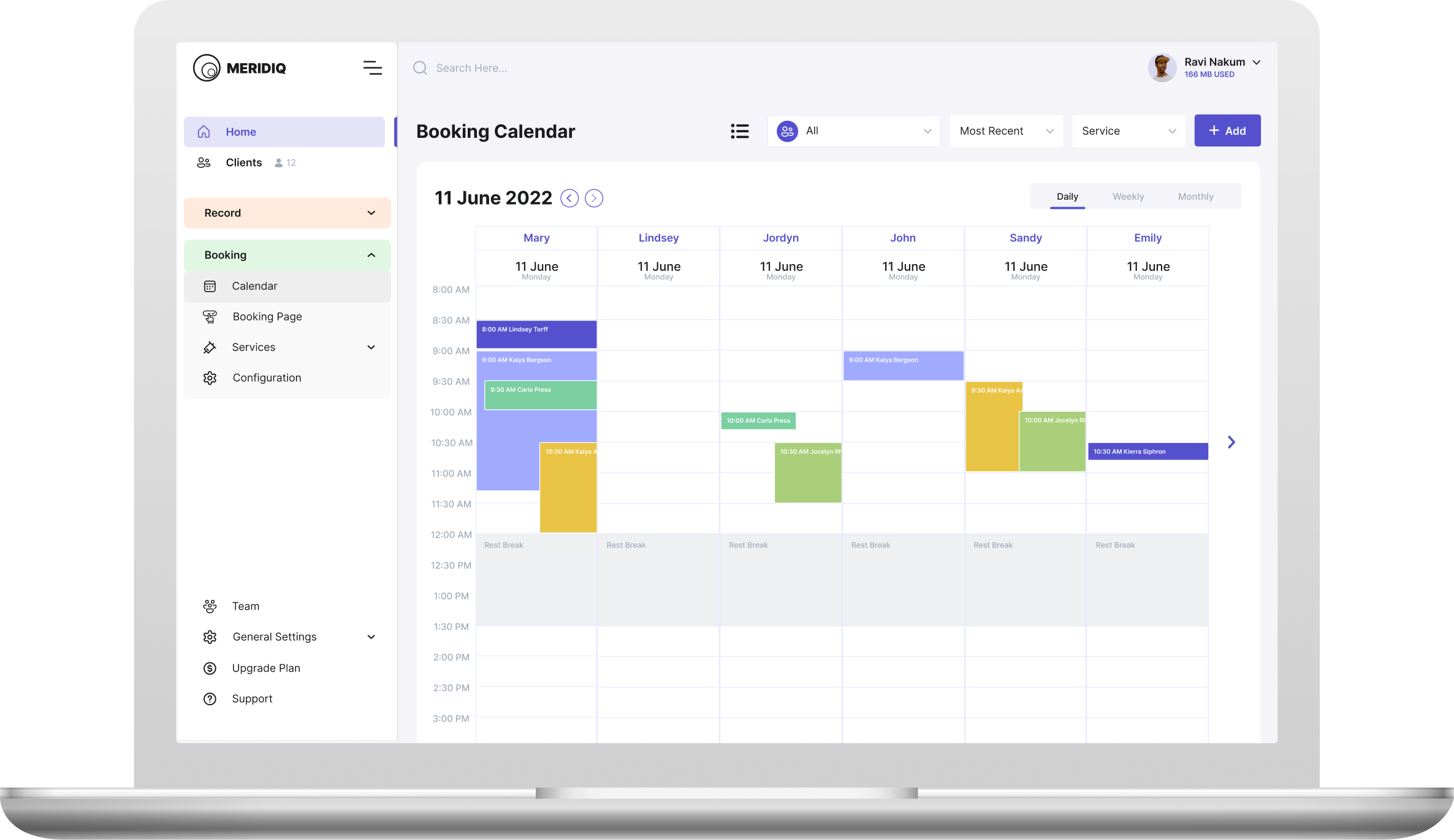 MERIDIQ screenshot: MERIDIQ Booking Calendar view