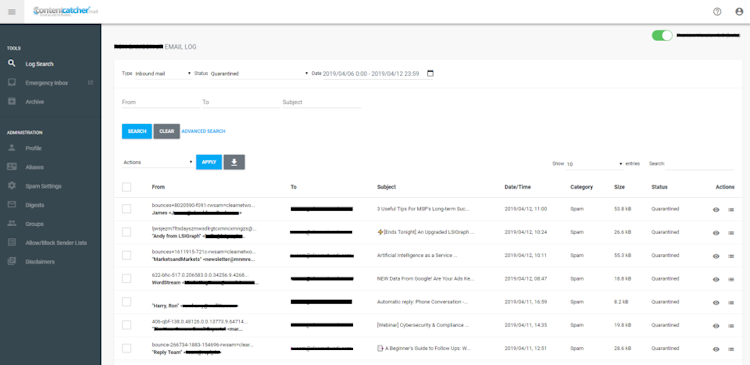 ContentCatcher screenshot: ContentCatcher's web-based user interface showing the searchable email log screen, with various controls for filtering results by type, status and date