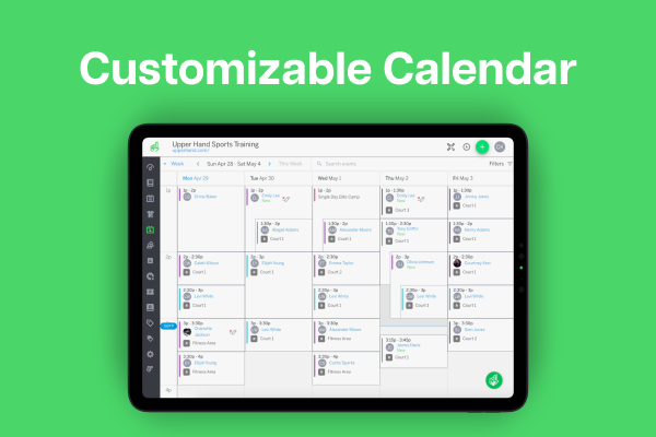Customizable calendar acts as your central hub, giving your staff one place to manage scheduling and availability, check-in clients, view upcoming session details, and transact.