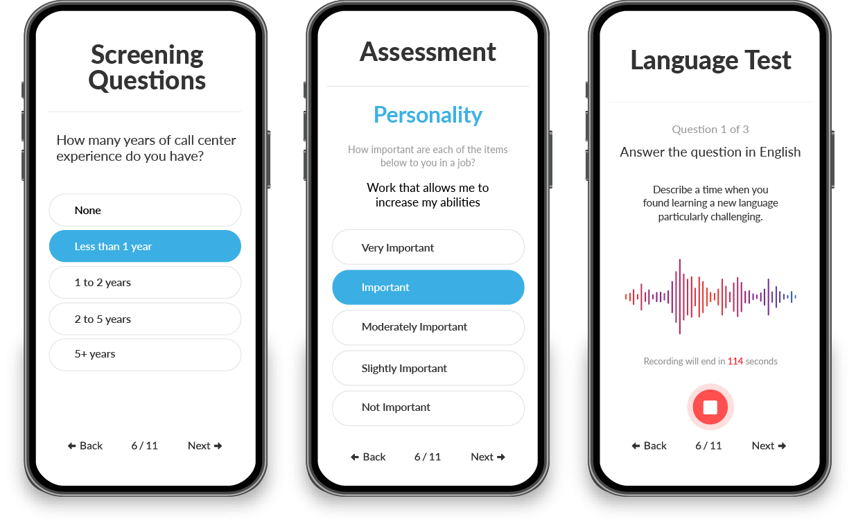 Journeyfront Software - Mobile phone screens showing various ways a candidate can be assessed when applying for a job in the Journeyfront ATS.