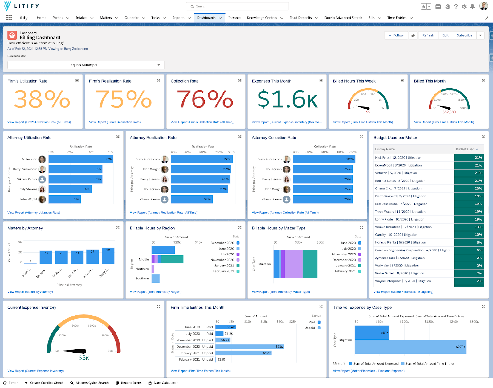 Use Litify’s real-time dashboards to track and report time entries or invoices by matter, team, or user. Easily group and export time entries, invoices, and billing data.-thumb