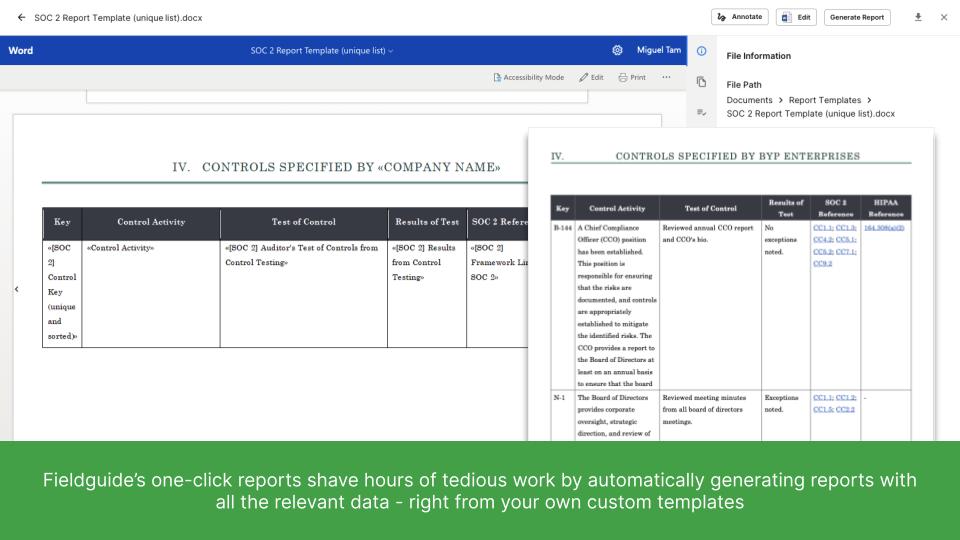 Fieldguide’s one-click reports shave hours of tedious work by automatically generating reports with  all the relevant data - right from your own custom templates