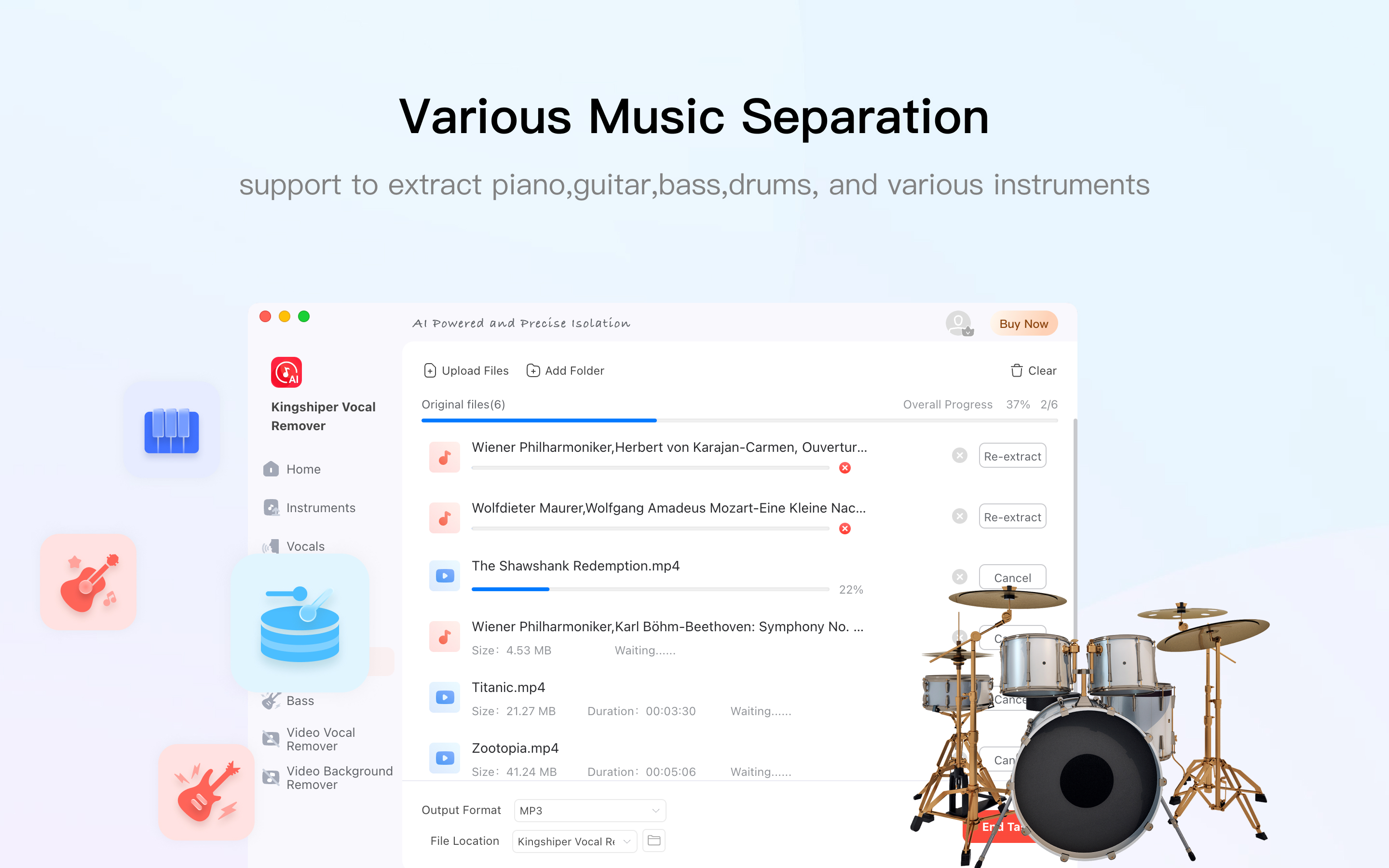 Support to extract piano, guitar, bass, drums, and various instruments