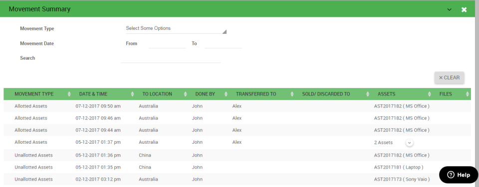 Asset Infinity Software - Movement Summary