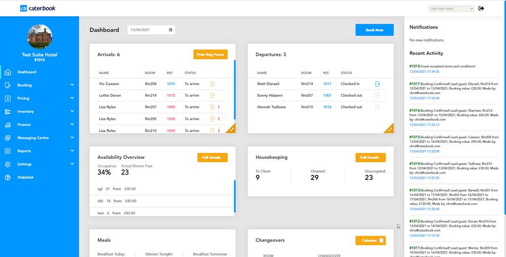 Caterbook screenshot: Dashboard