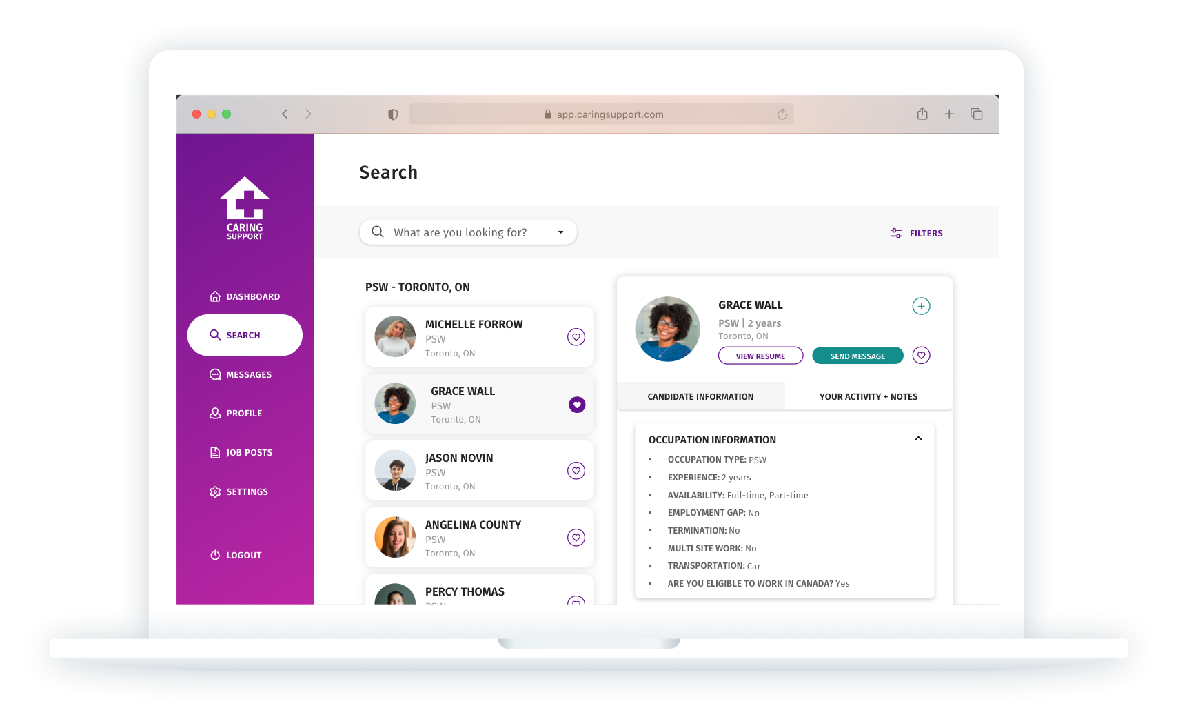 Caring Support screenshot: Caring Support employer search