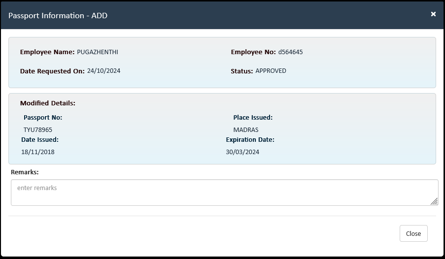 HR Info screenshot: HR Info change request