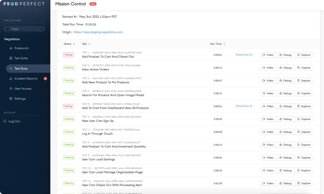 ProdPerfect Software - You run ProdPerfect on demand to ensure your updates do not break your user’s golden path experience, and get always-actionable feedback within 15-minutes, helping you debug quicker and easier than ever before.