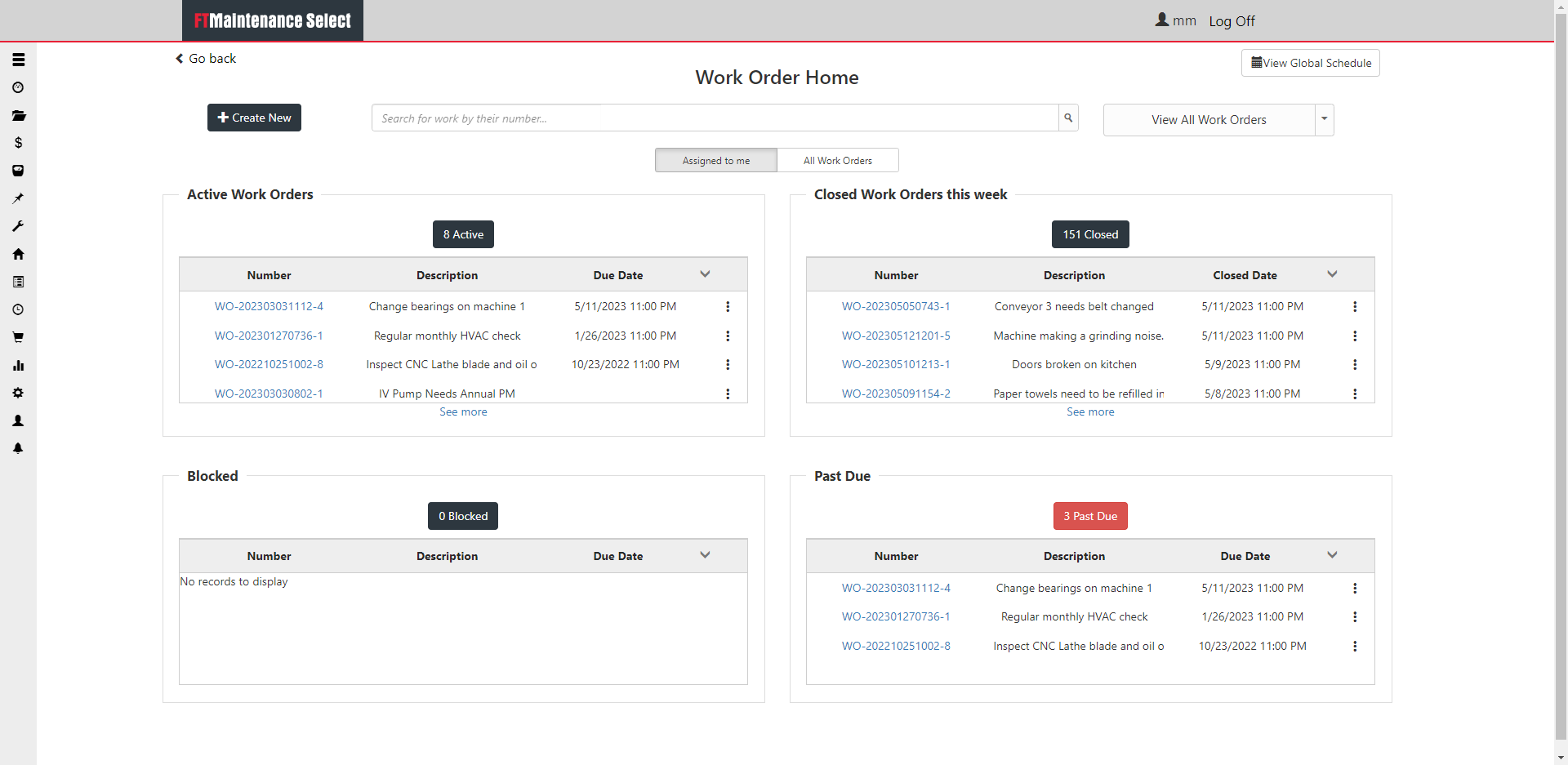 FTMaintenance Select Software - Work Order Home