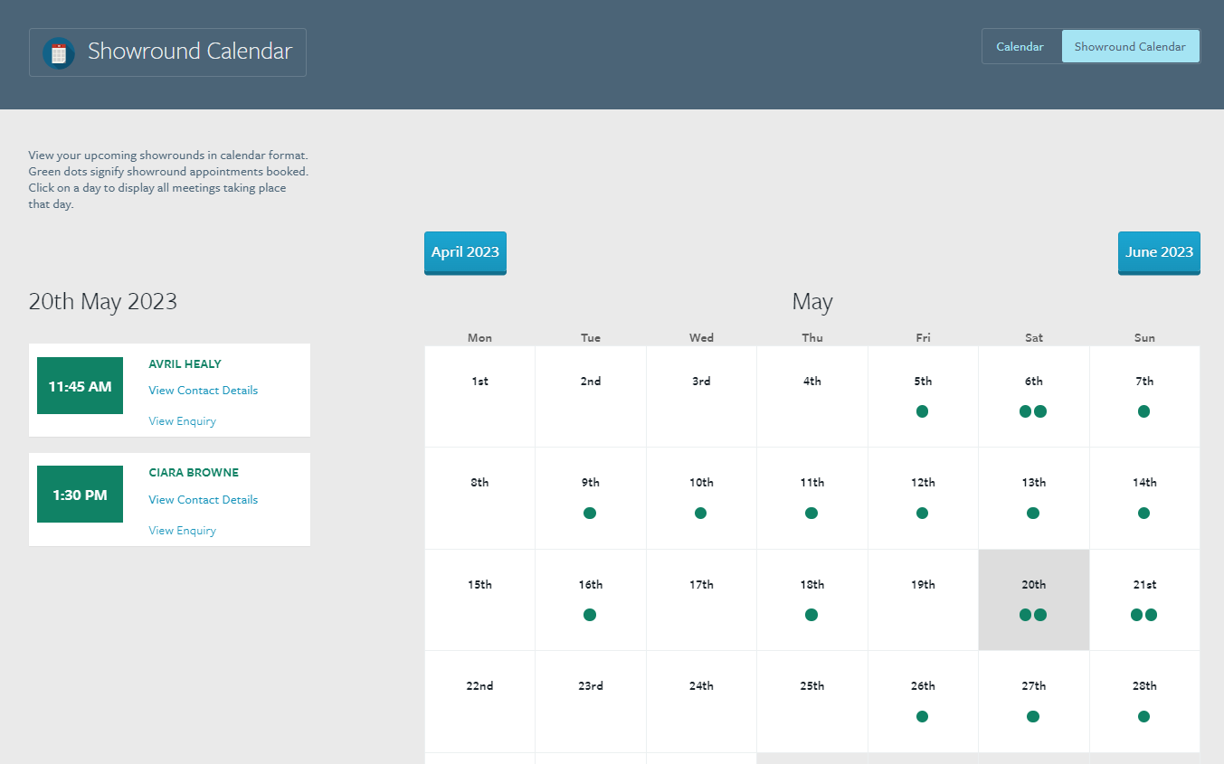 WedPro screenshot: The showround calendar is an intuitive and user-friendly interface that allows you to easily manage your showround appointments. A key feature is the ability to add a showround time and if the showround didn’t go ahead, a cancellation reason.