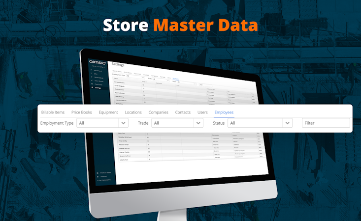 Aimsio screenshot: Store Master Data to keep track of employees, equipment, billable items, price books, locations, companies, contacts, and users. Master Data is used throughout Aimsio to make filling out tickets and timesheets simple.