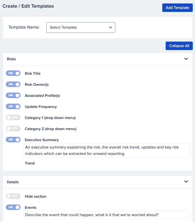 GOAT Risk Software - Customisable Templates - Make GOAT Risk™ your own! Quickly configure the system to align with existing systems and processes. Create multiple configurations for a variety of end use cases.