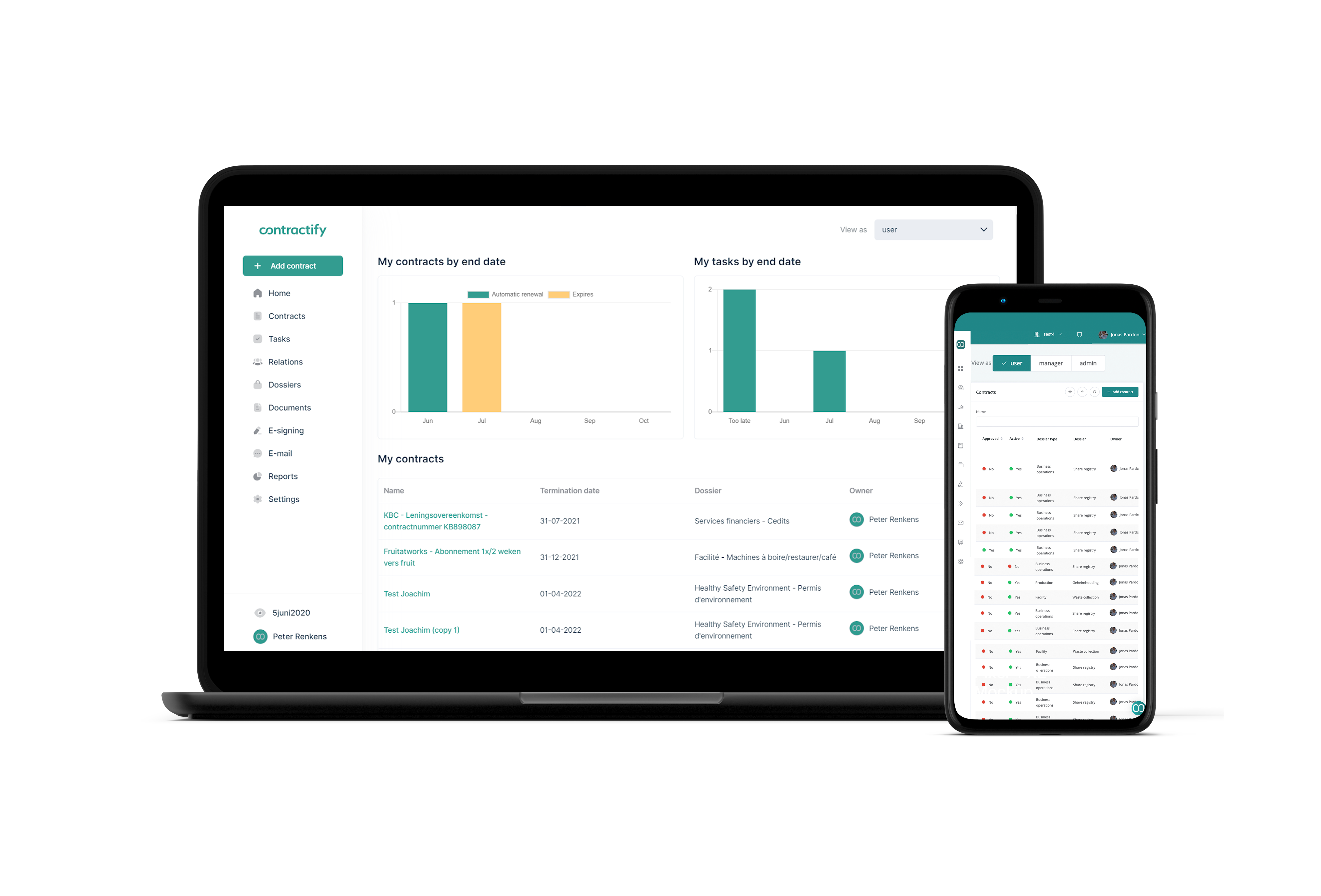 Contractify contract management user interface: full overview of all contracts & related documents. Automated reporting, intuitive user interface & adaptable user reading rights.
