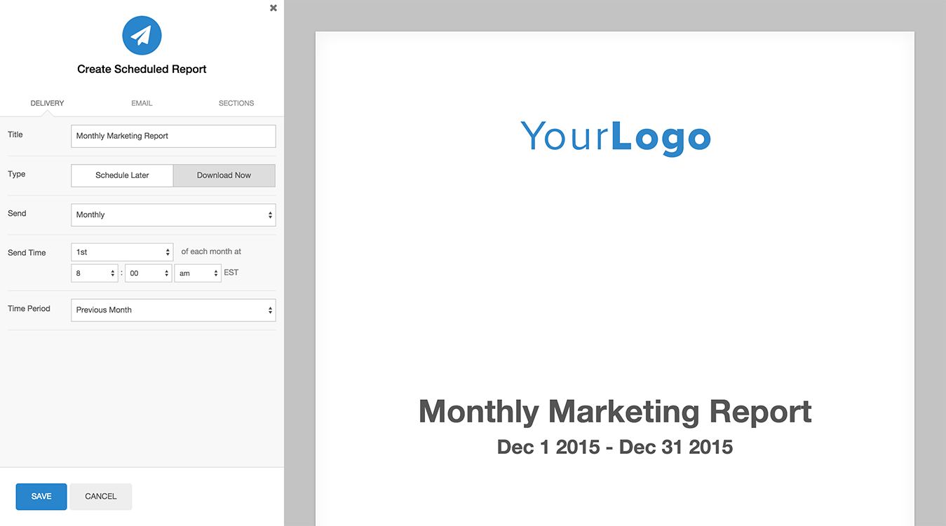 Agency Analytics automatically produces reports, which users can customize to include or exclude specific metrics, and brand with their own logo