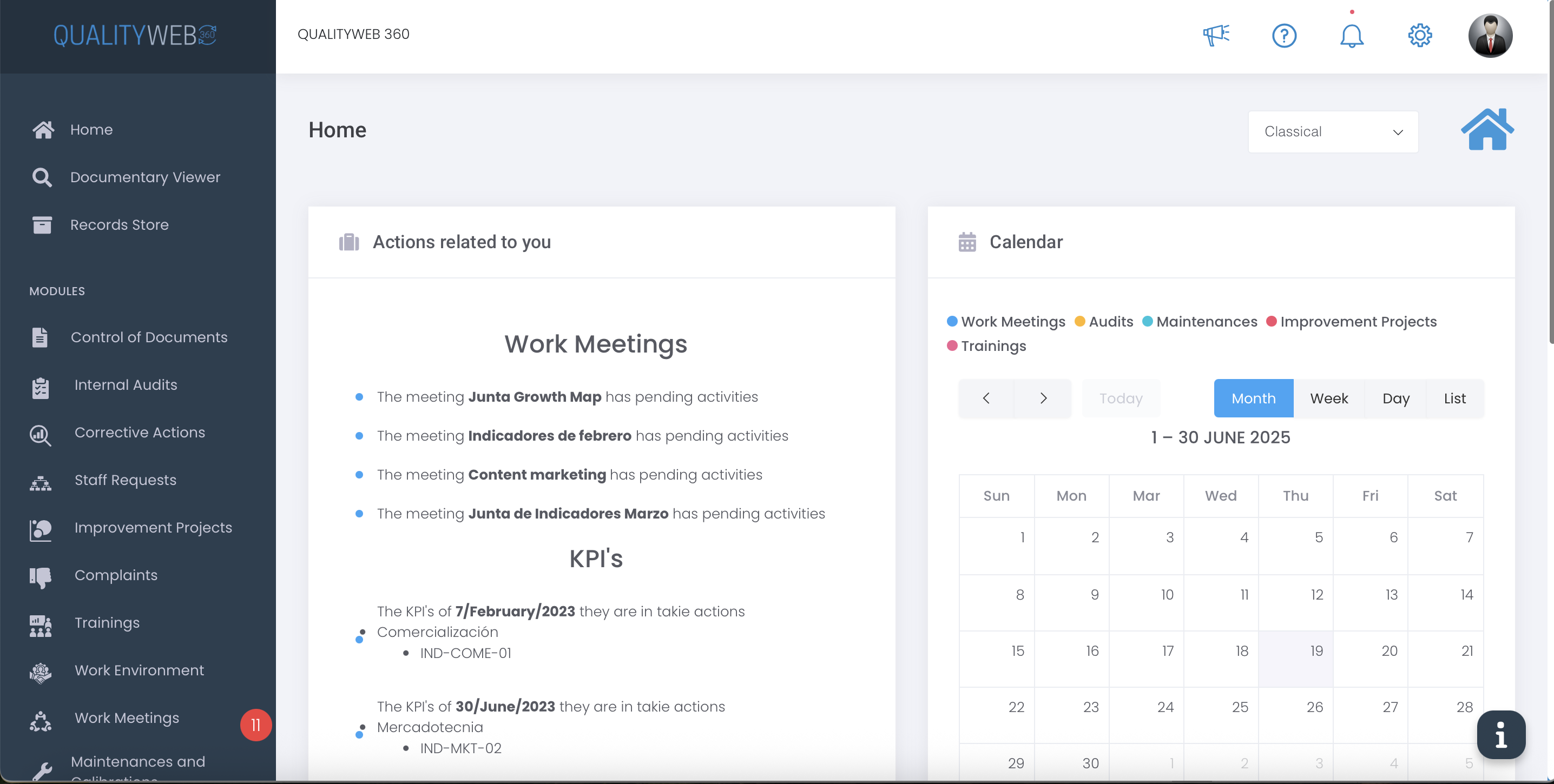 QUALITYWEB 360 screenshot: Get a clear view of your meetings, training sessions, audits, and improvement projects in one place. The calendar and action center help teams stay on top of deadlines and ensure nothing falls through the cracks.