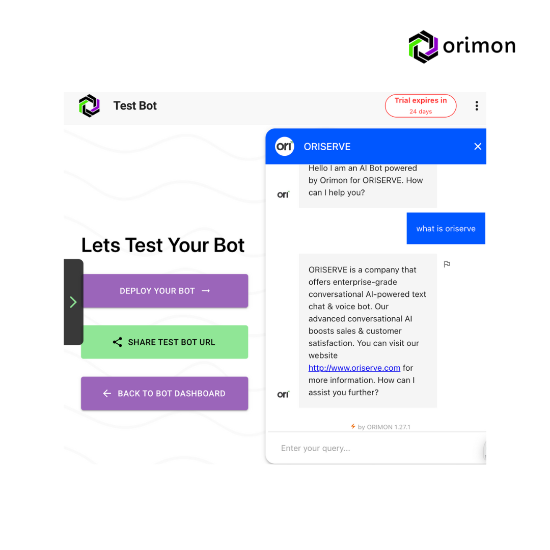 Orimon - Zero-code advanced conversational AI chatbot builder. Powered by gpt4 and Google's globally No.1 sales-boosting AI chatbot Oriserve.