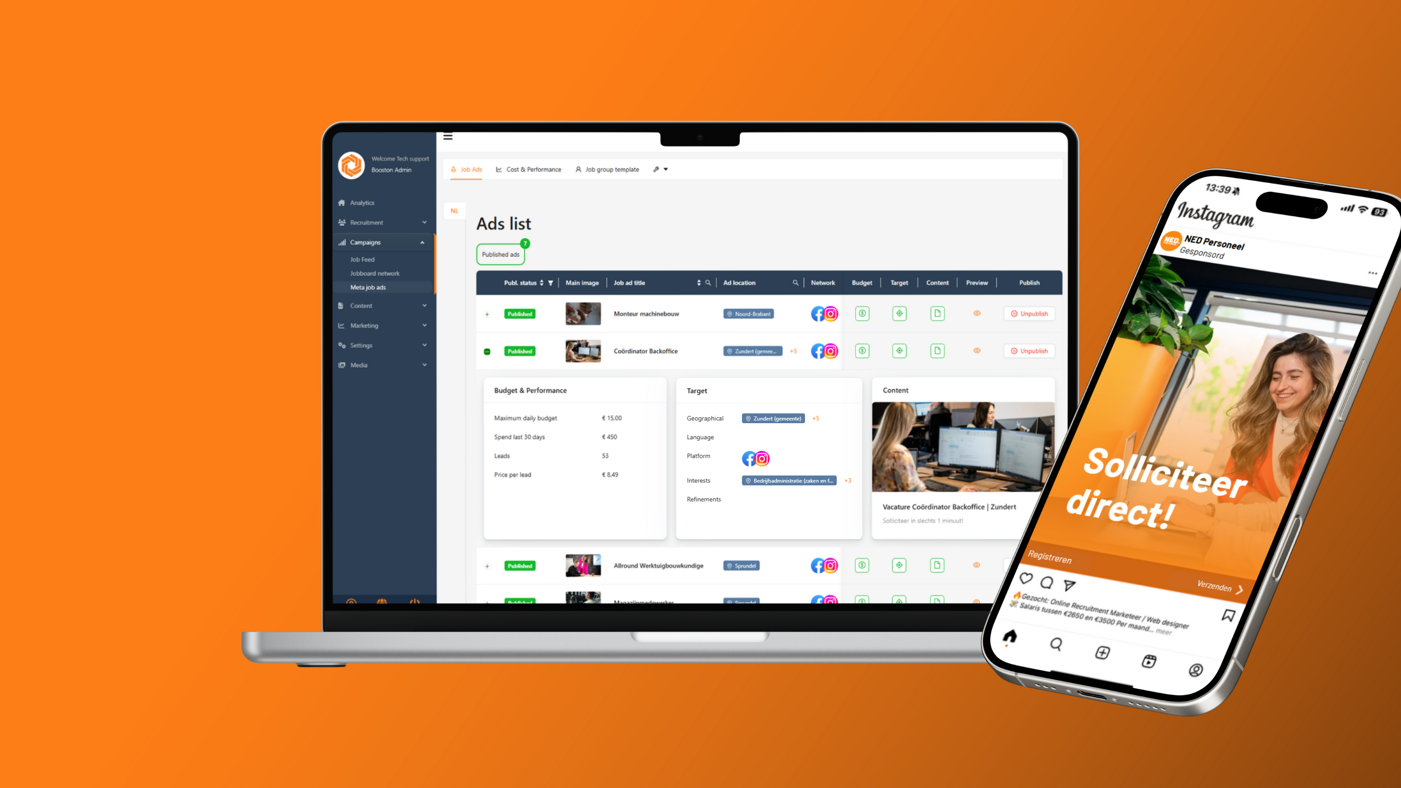 Booston screenshot: Bereik kandidaten waar ze dagelijks actief zijn. Met Booston worden Facebook- en Instagram-job ads volledig geautomatiseerd: altijd actuele vacatures, slimme targeting en campagnes die continu verbeteren met feedback van recruiters.