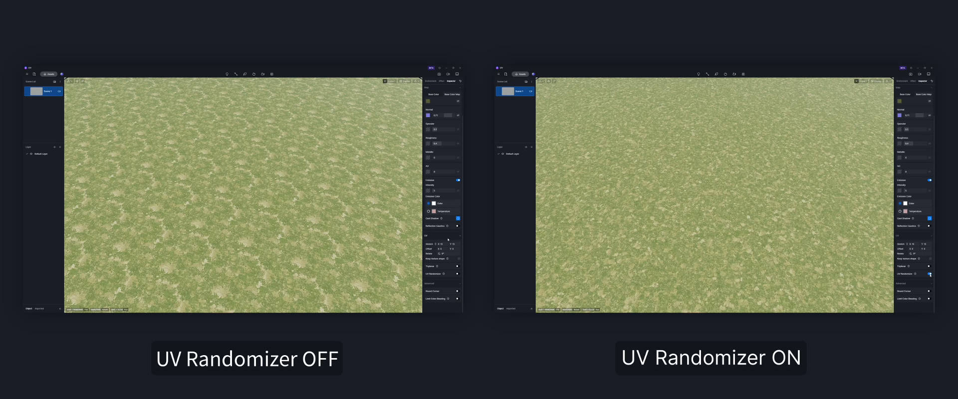 UV Randomizer: Added UV Randomizer in “Inspector” > “UV” for rotating and blending textures to avoid repetition on the surfaces, suitable for natural surfaces such as water and grass.