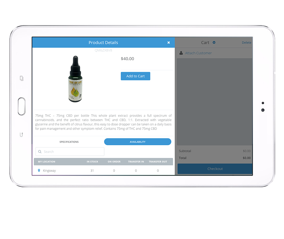 Cova Dispensary POS screenshot: Cova Dispensary POS product details