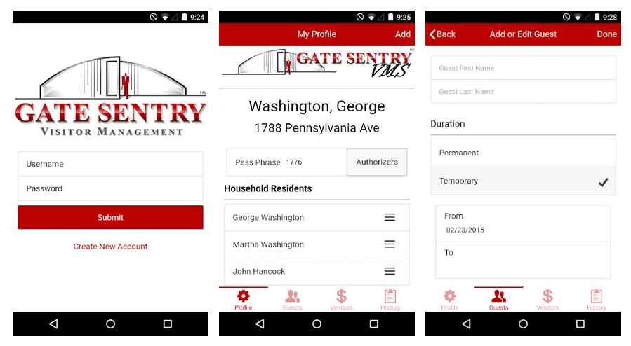 The Gate Sentry mobile app shown on Android