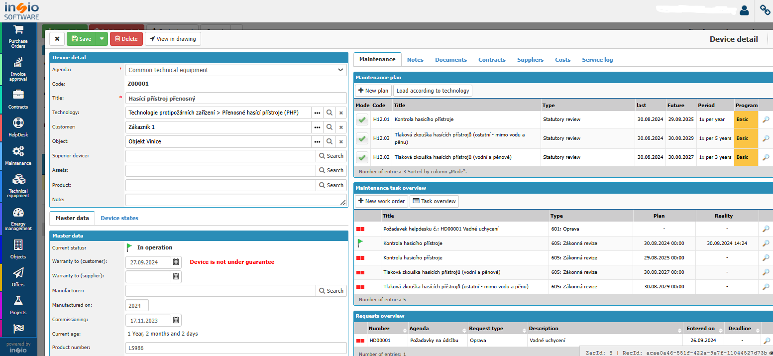 INSIO screenshot: Facility Management simplifies property and asset management by streamlining maintenance, tracking assets, and monitoring costs. It provides real-time data and reporting to optimize operations, reduce downtime, and improve resource efficiency.