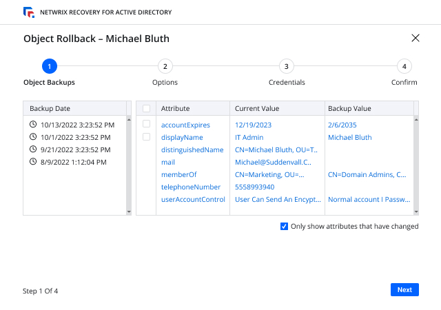 Netwrix Identity Recovery screenshot: Netwrix Recovery for Active Directory object rollback
