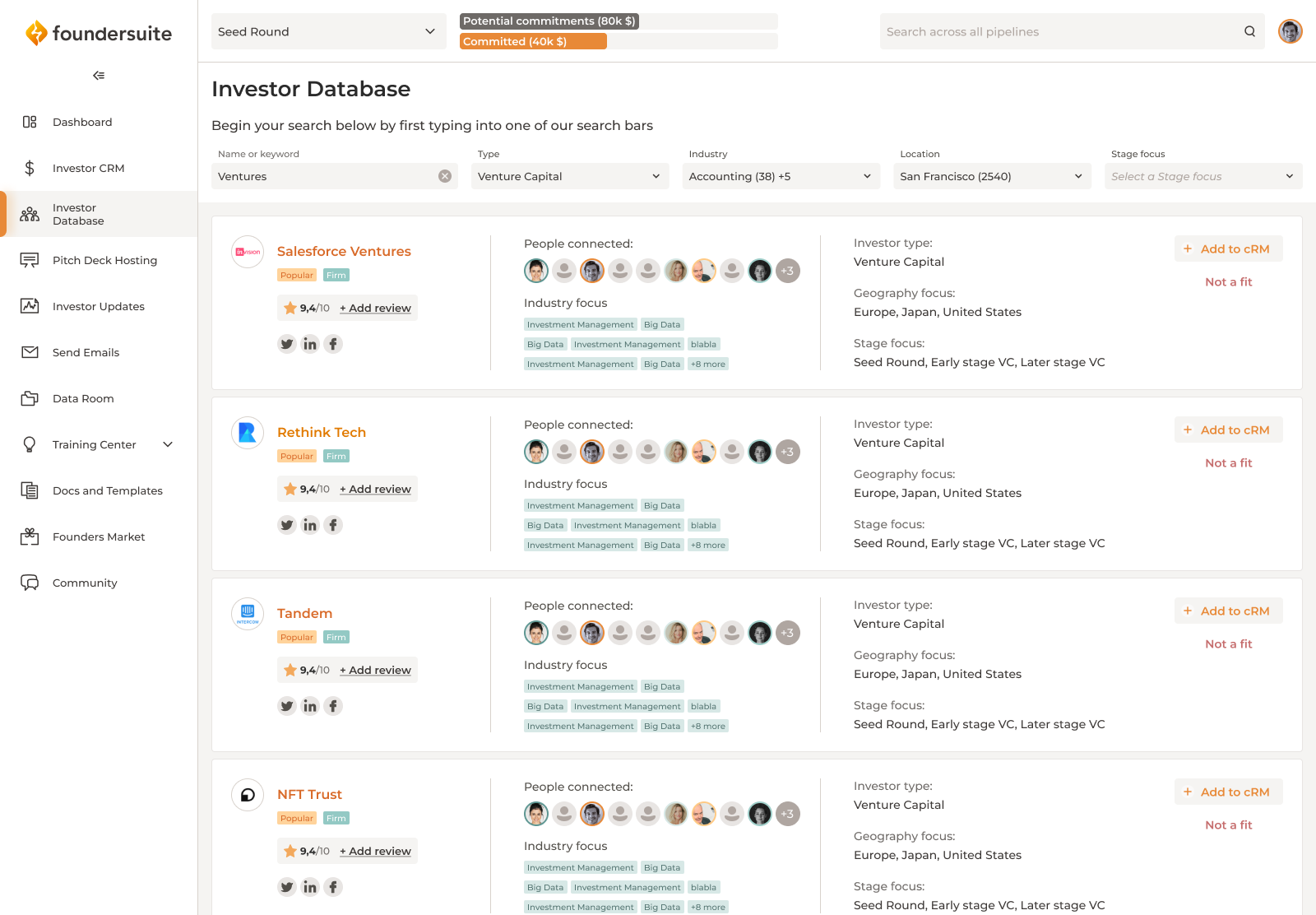 Foundersuite screenshot: Foundersuite Investor Database
