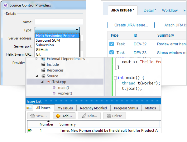 Integration with the Helix ALM suite is joined by IDE integration options, version control tools, plus additional third-party applications via a SOAP-based SDK