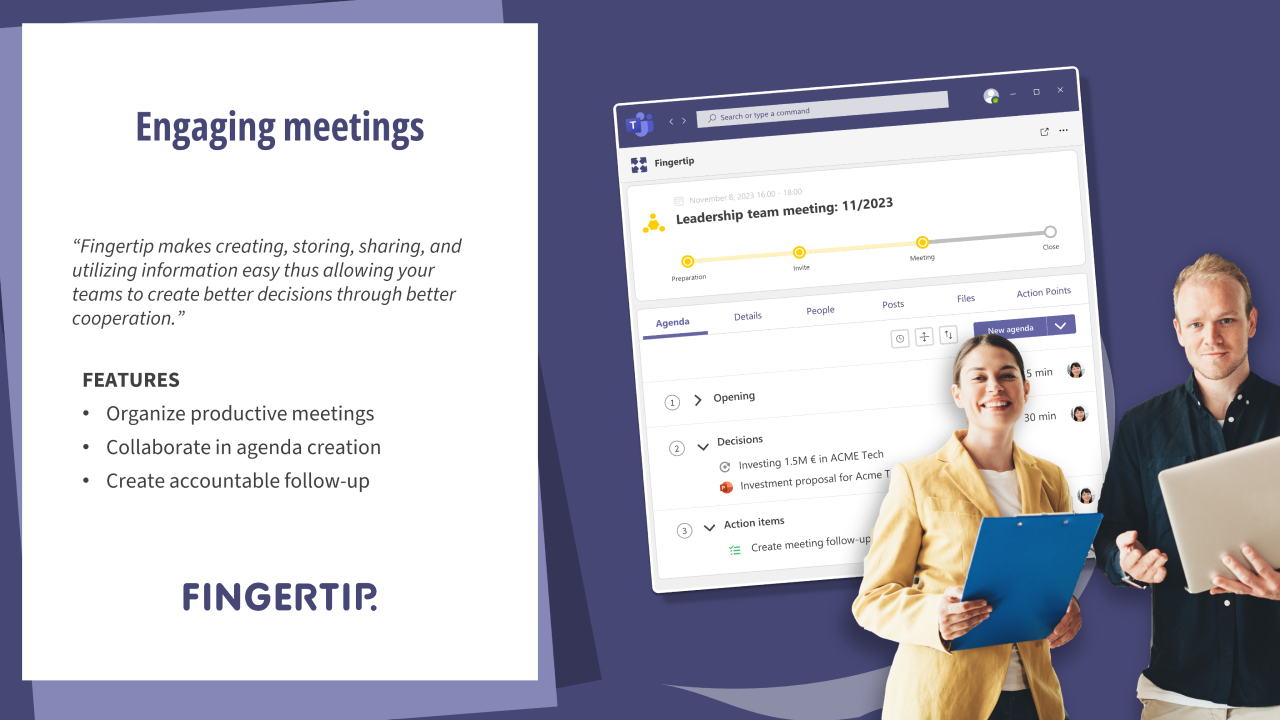 Fingertip screenshot: Fingertip helps create an interactive agenda with set timings and responsible presenters to make meetings more productive and useful.