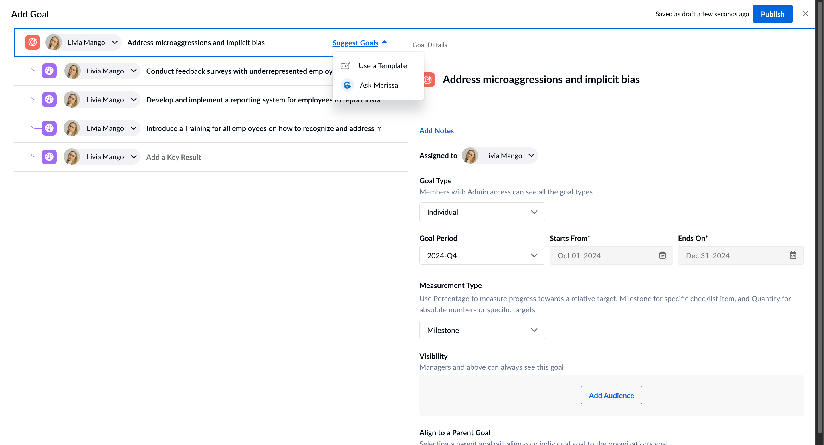 Engagedly Software - Engagedly Add Goals from Engagedly Library or Marissa AI