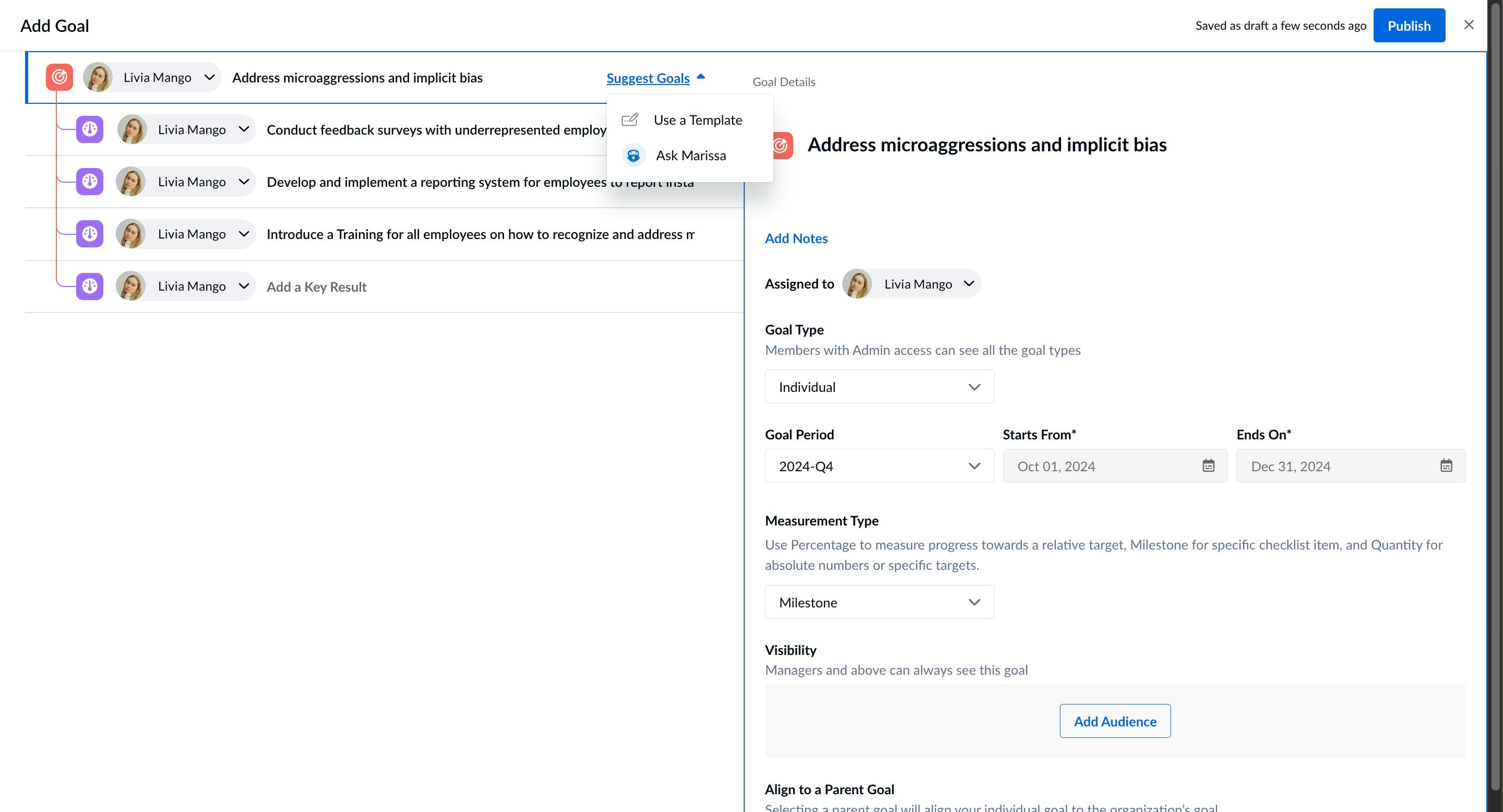 Engagedly Software - Engagedly Add Goals from Engagedly Library or Marissa AI