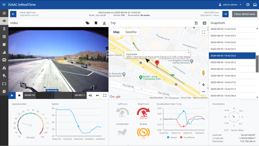 ISAAC Software - ISAAC InRealTime Fleet Management Software: safety officer's critical event with telematics view