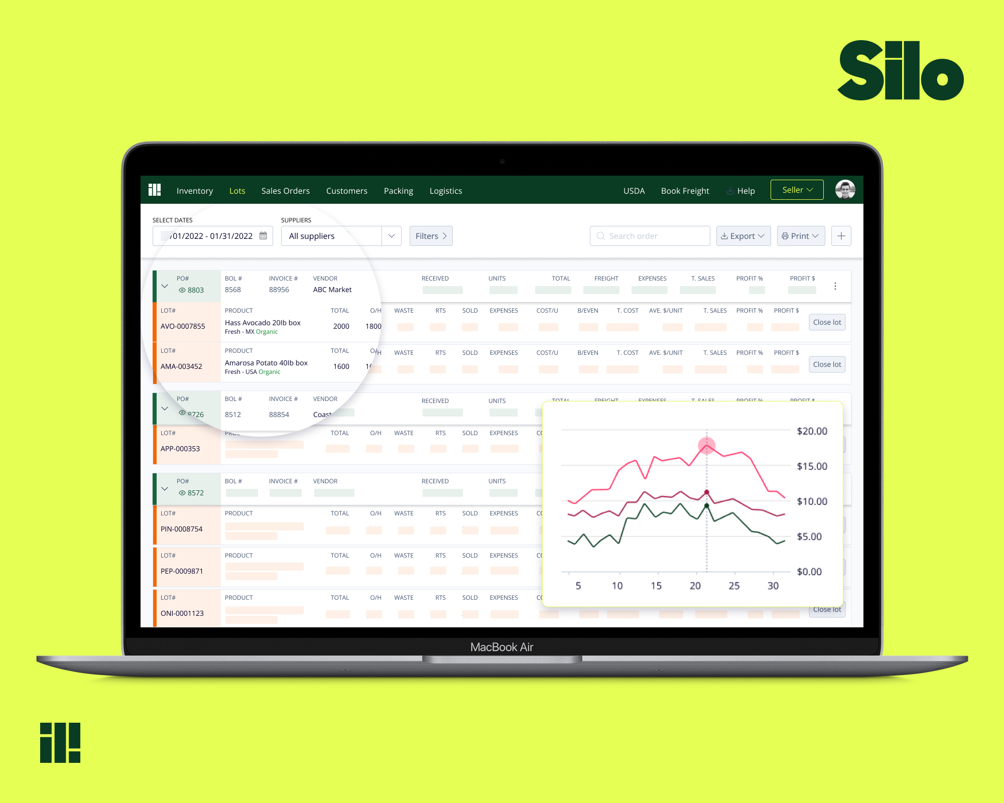 Silo screenshot: Silo offers full visibility into your produce business finances, down to the cost of a single lot.