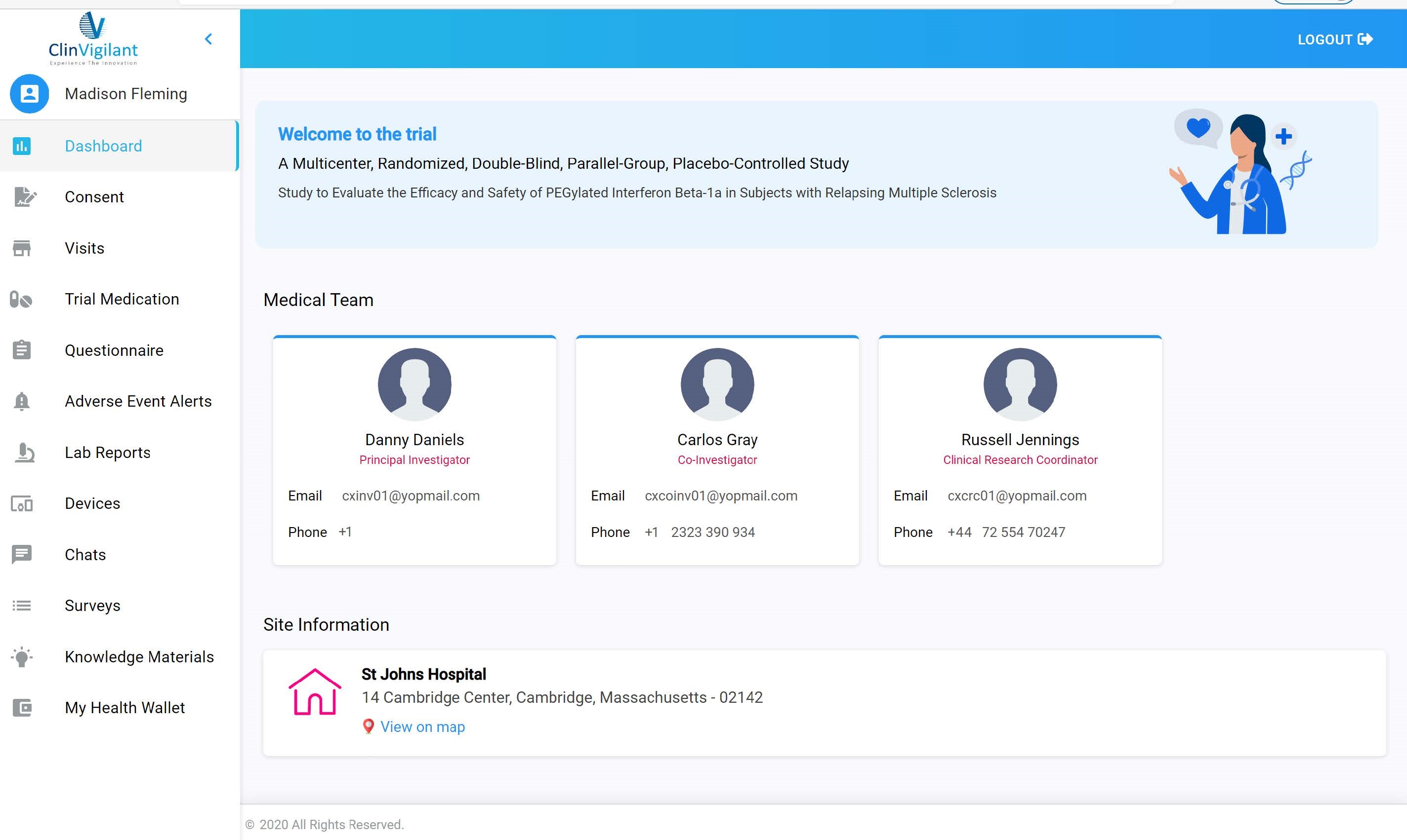 ClinVigilant eClinical screenshot: eClinical Suite dashboard view