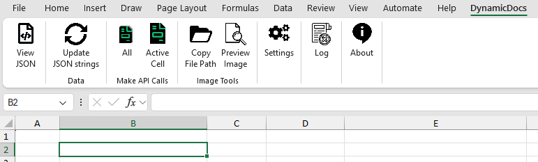 DynamicDocs Excel to PDF Add-in screenshot: DynamicDocs Excel Add-in Ribbon 