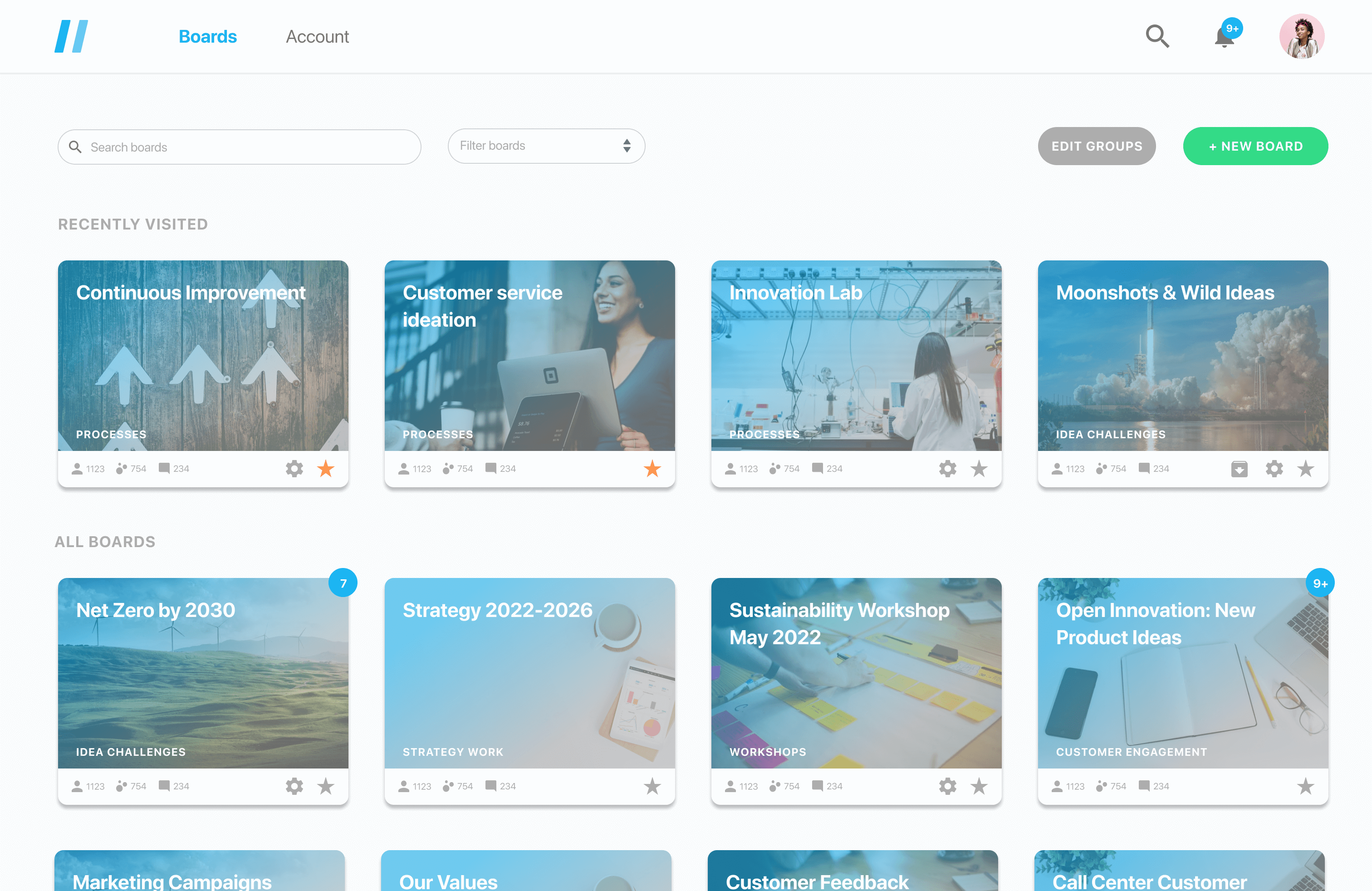 HYPE Boards screenshot: Viima supports multiple different, simultaneous and fully-customizable ideation and innovation processes with our board-based approach