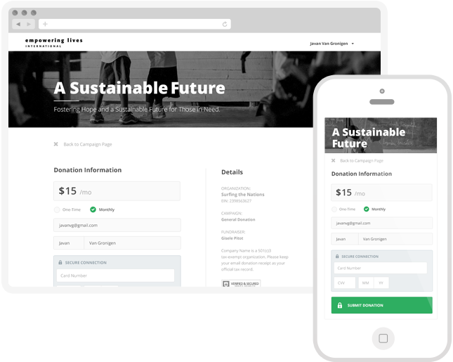 Customizable campaign pages are designed to motivate giving