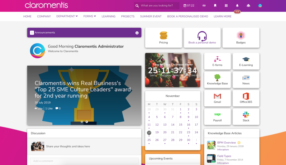 Digital workplace homepage, created using our drag & drop CMS and intranet design tools