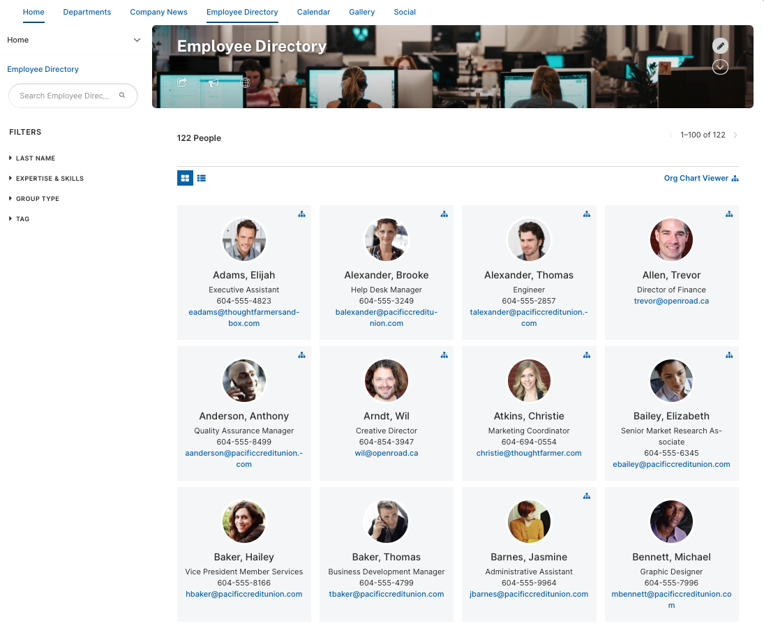 ThoughtFarmer Software - The employee directory gives employees visibility into the human capital across your organization. Browse or search for groups on the intranet in the group directory. Filter group results by default or custom group type and tags.