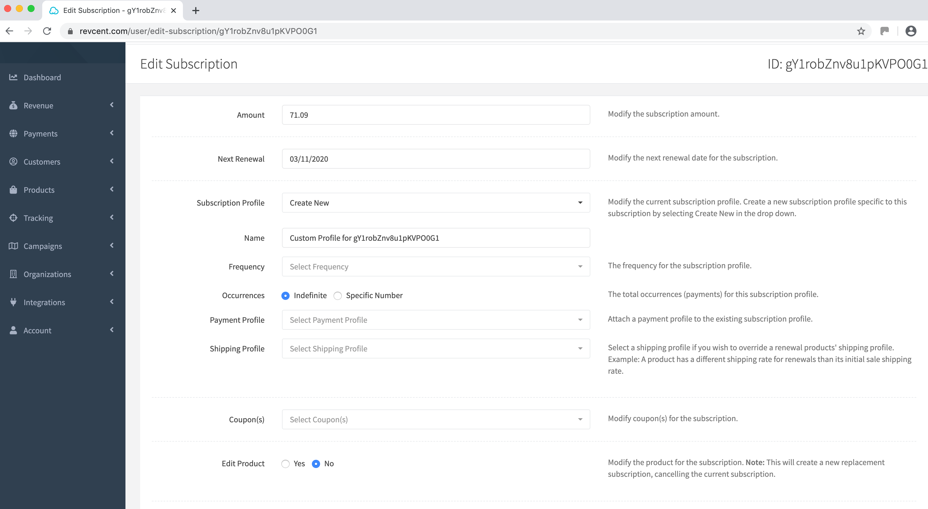 RevCent edit subscriptions