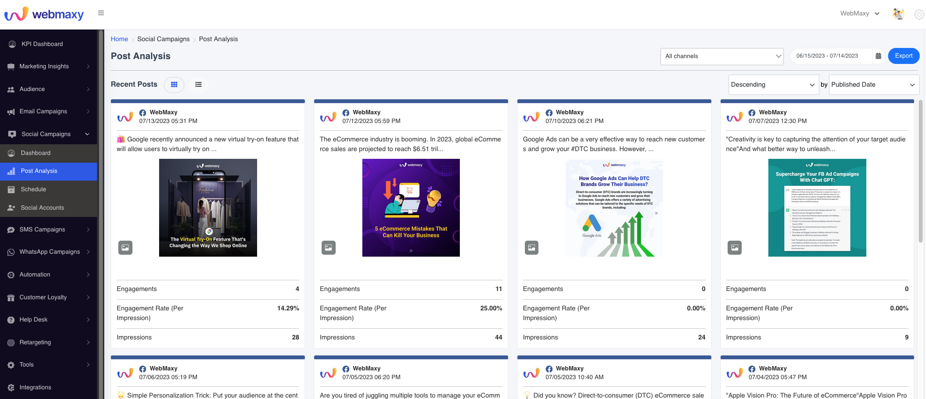 Webmaxy eGrowth Software - Webmaxy eGrowth social post analysis