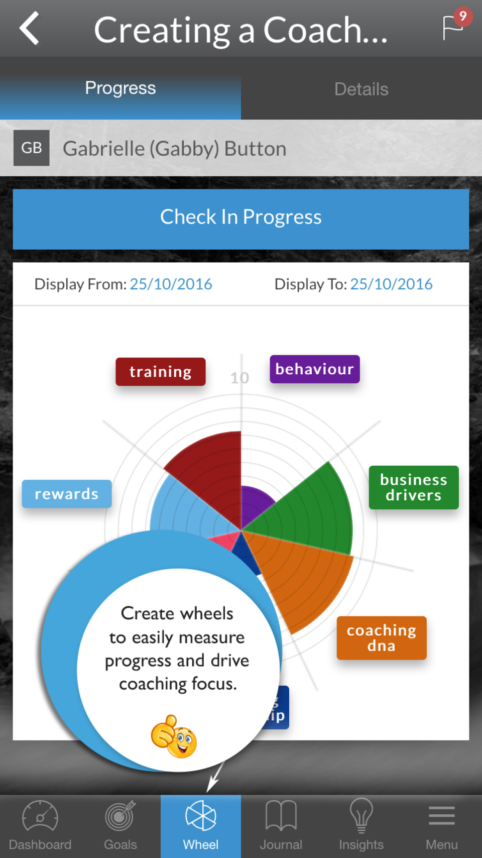 Multiple coaching wheels can be created to track progress towards key outcomes
