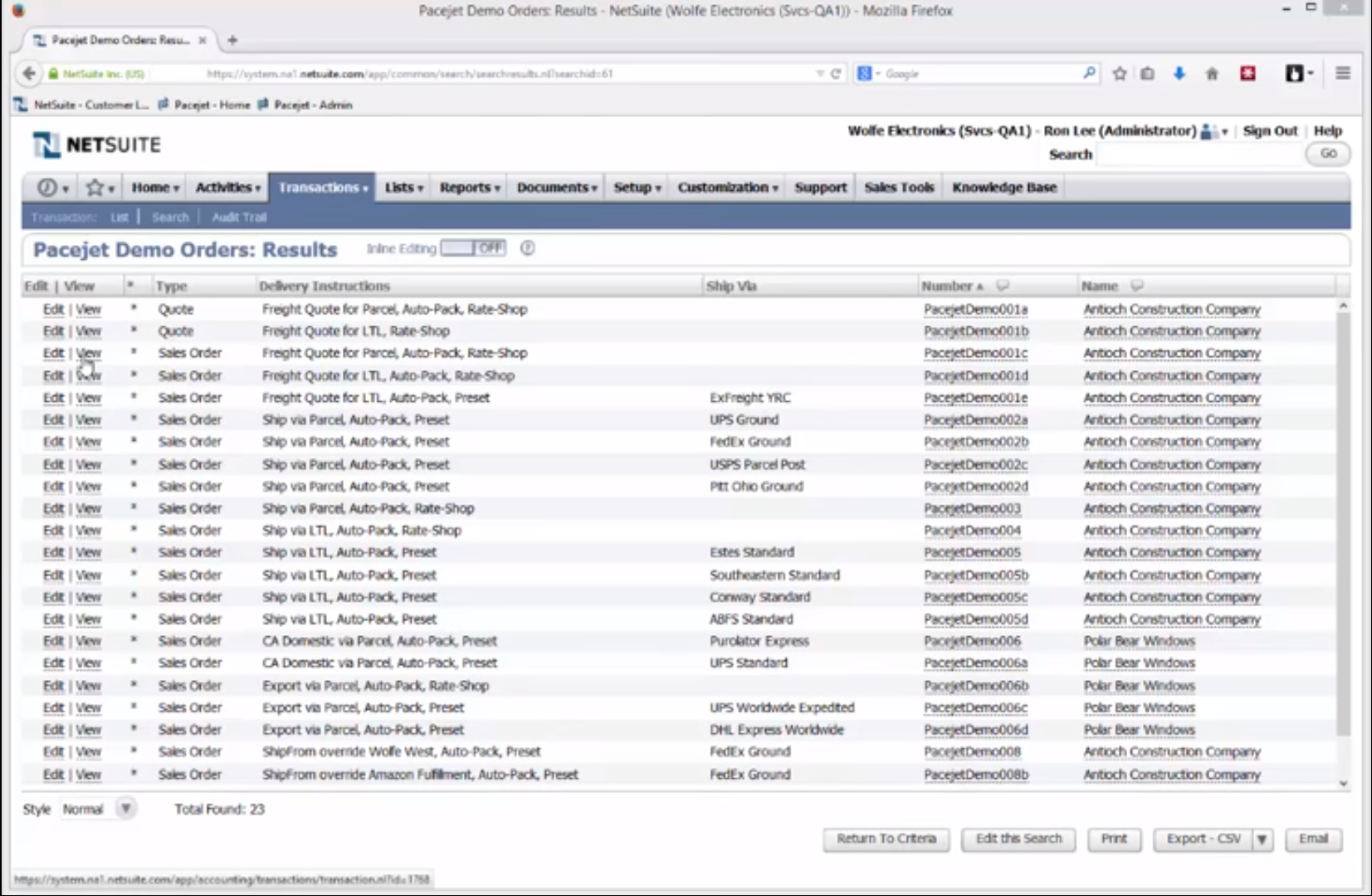 Pacejet NetSuite integration screenshot