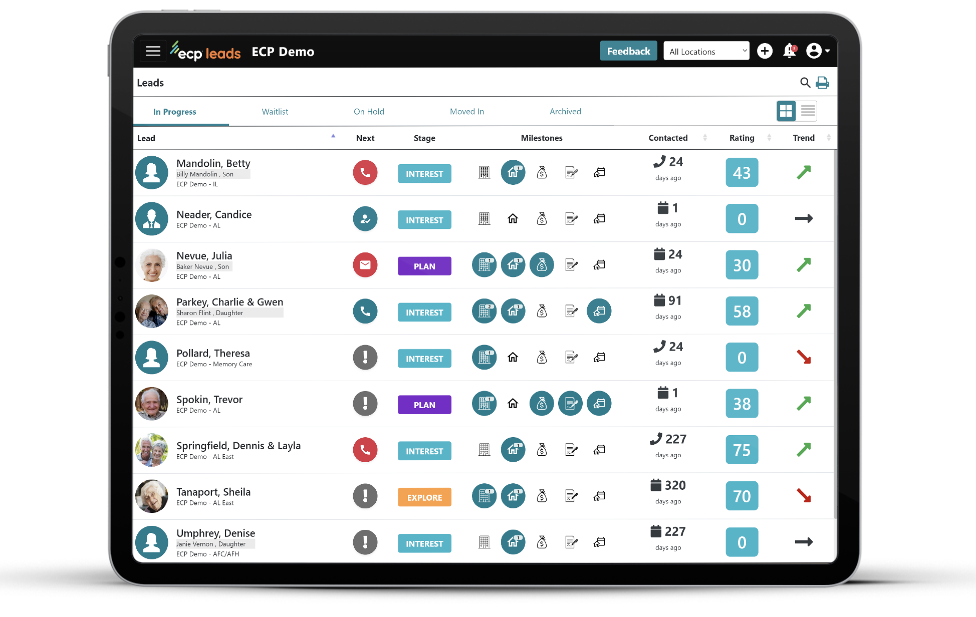 ECP CRM screenshot: ECP CRM leads tracking dashboard