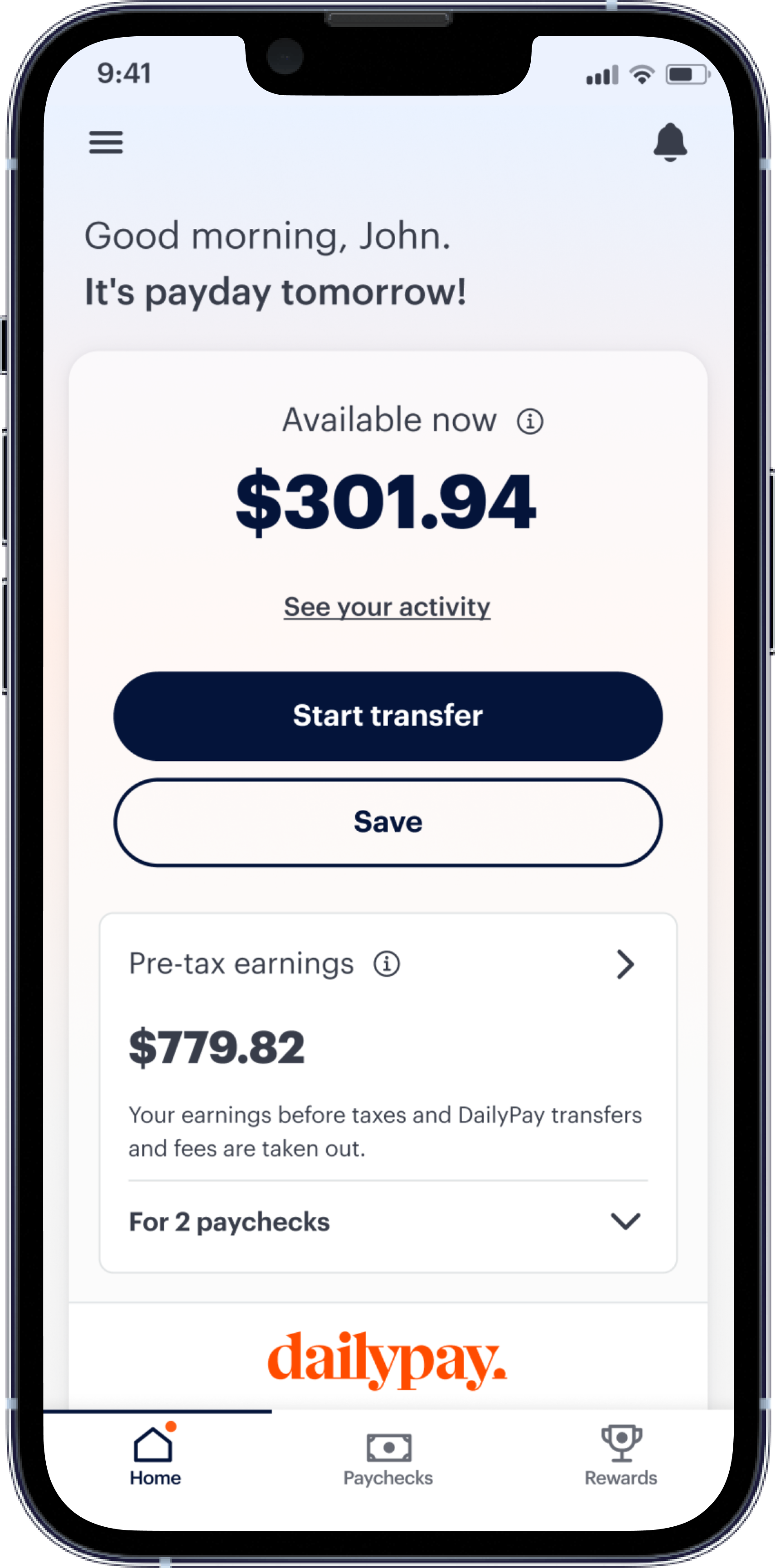 DailyPay screenshot: Home screen