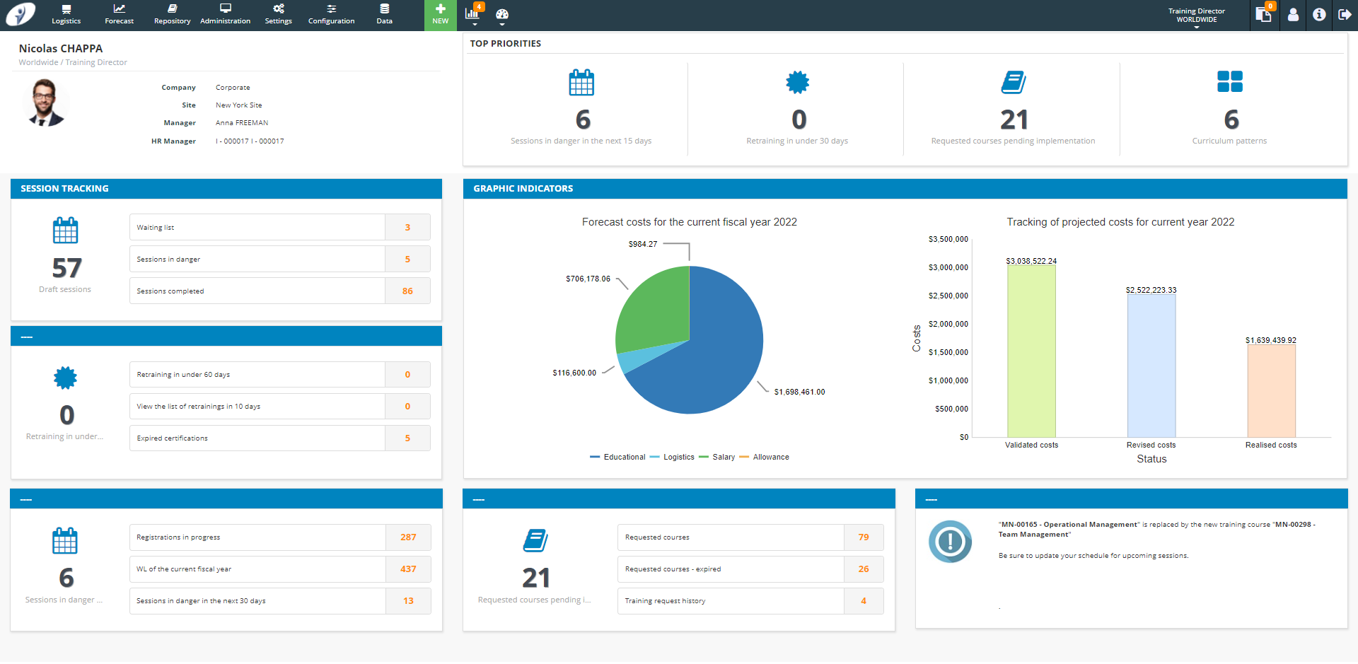 Training Management Software screenshot: User Dashboard